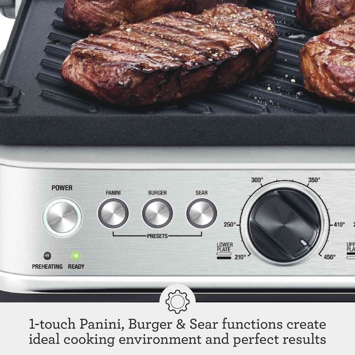Breville BGR700BSS electric grill with one-touch presets, reversible ceramic plates, and BBQ mode on countertop