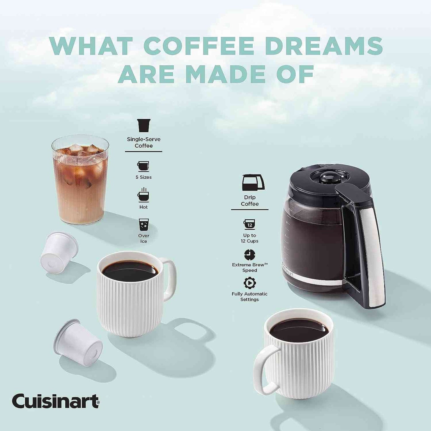 Cuisinart Coffee Maker 2-in-1 with 12-cup glass carafe and single-serve pod compatibility
