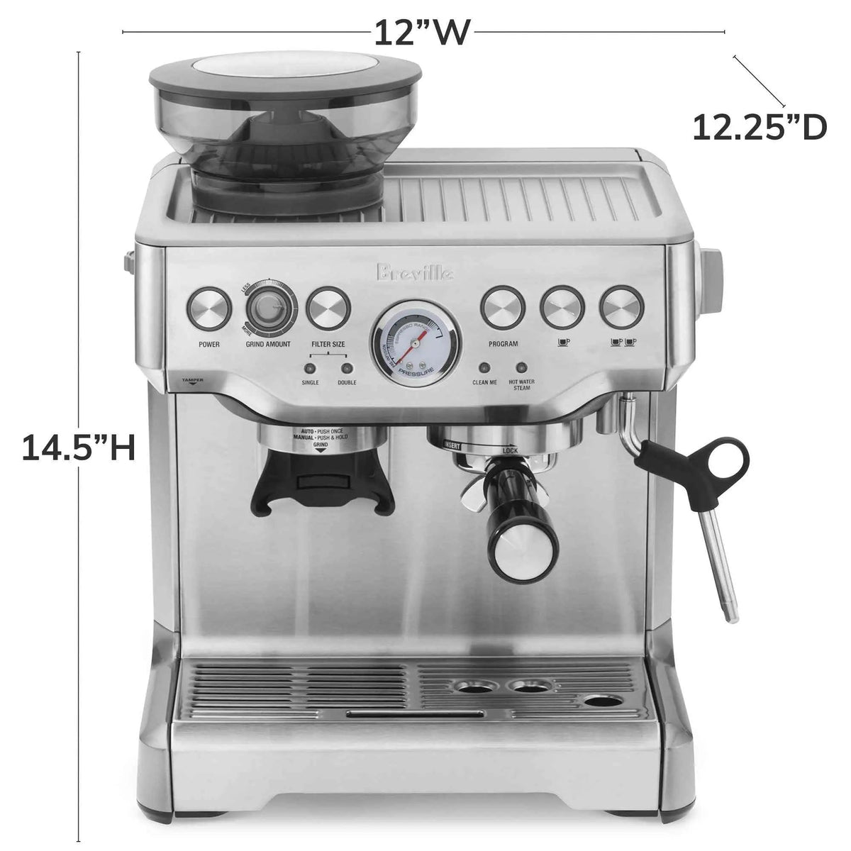 Breville Barista Express stainless steel espresso machine with integrated grinder and steam wand