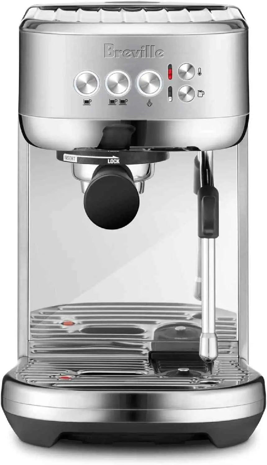 Breville Bambino Plus espresso machine in brushed stainless steel with programmable controls and automatic microfoam texturing