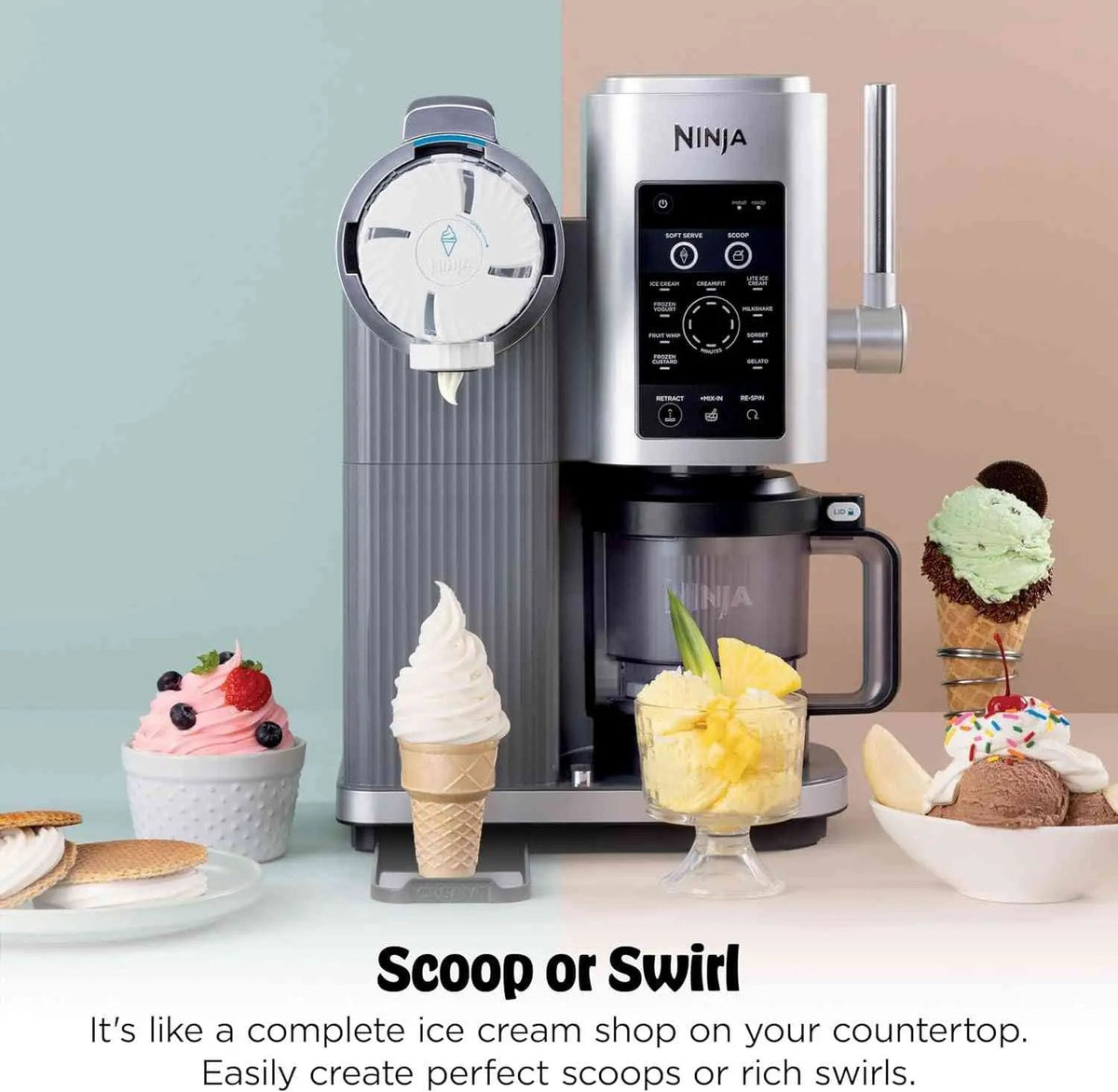Ninja CREAMi Scoop & Swirl ice cream maker with 13 one-touch programs and soft serve options