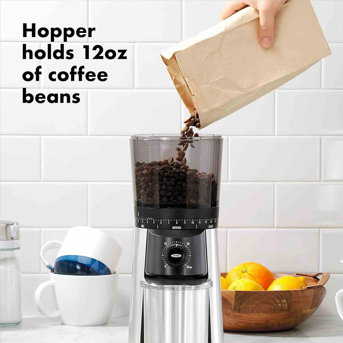 OXO Brew Conical Burr Coffee Grinder with stainless steel burrs and 15 grind settings
