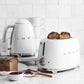 SMEG Electric Kettle 3D logo highlighting 360˚ swivel base, auto-shutoff, water-level indicators, steam release, and removable limescale filter features