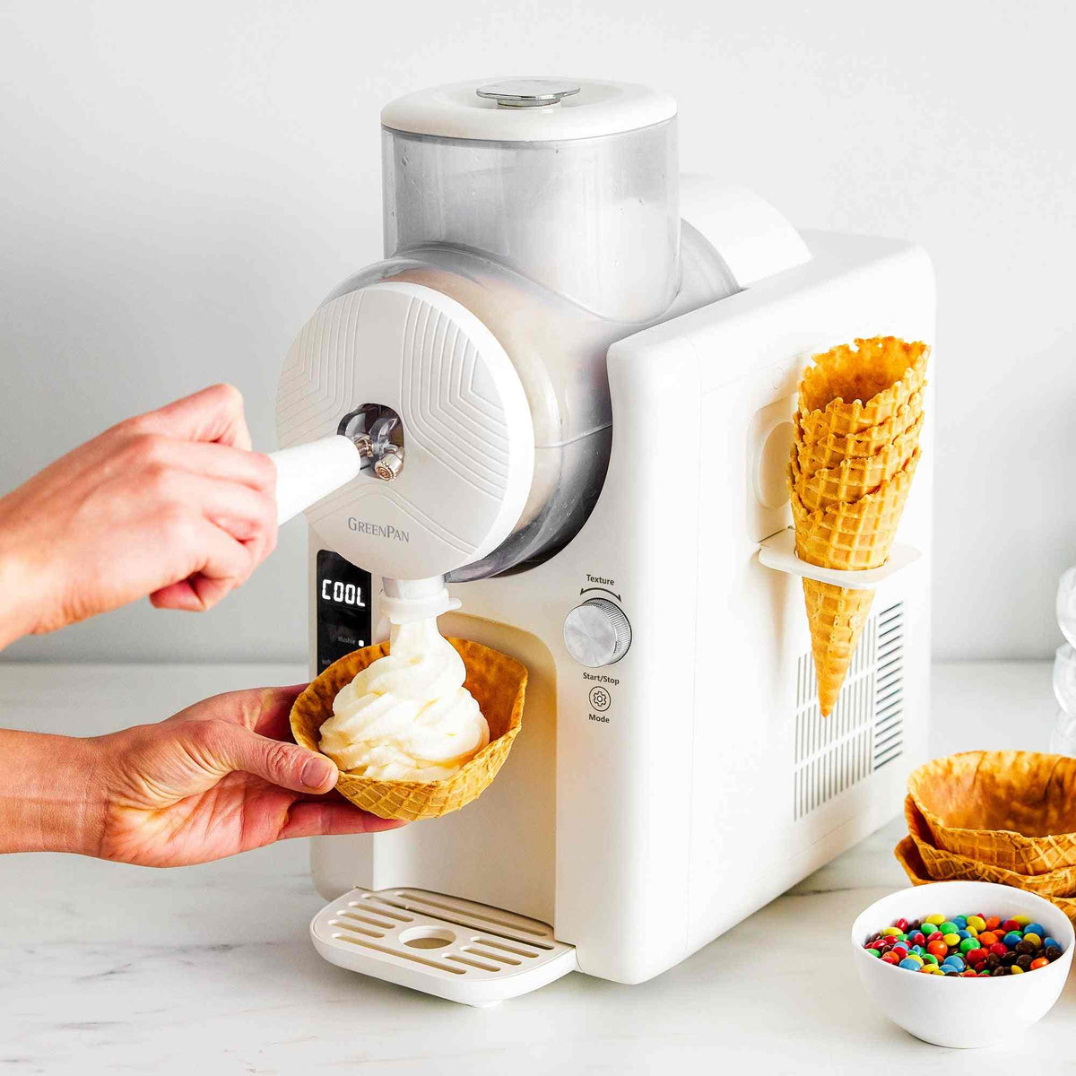 GreenPan Frost Ice Cream and Frozen Drink Maker with digital controls and 6 preset programs for soft ice cream, slushies, and milkshakes