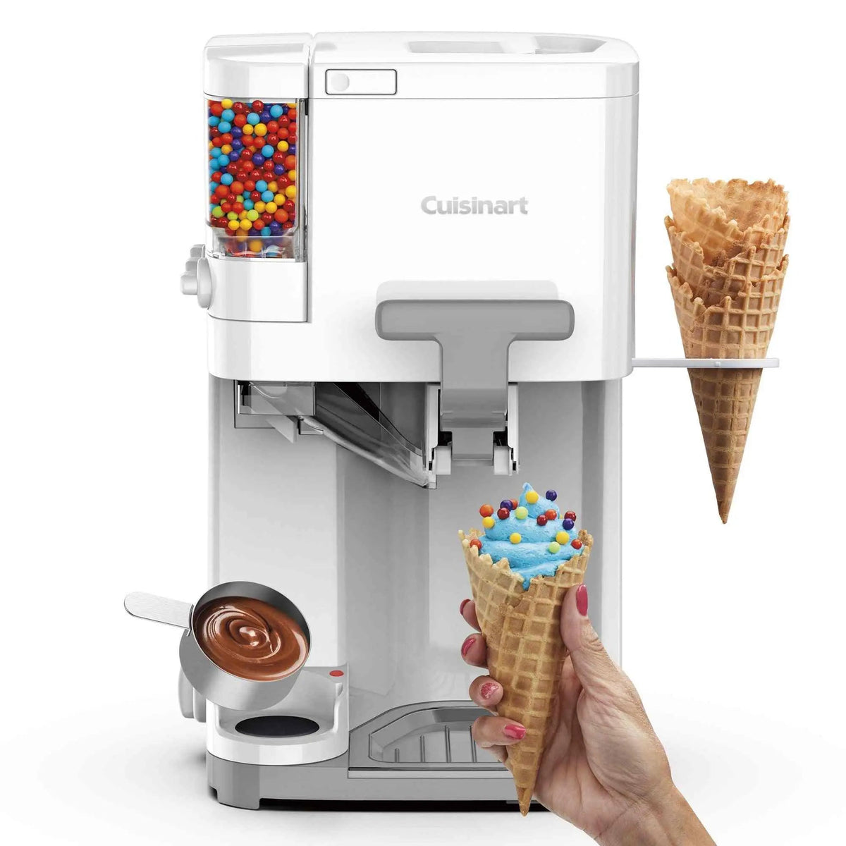 Cuisinart Soft Serve Ice Cream Maker with warming cup, mix-in compartments, and cone holder