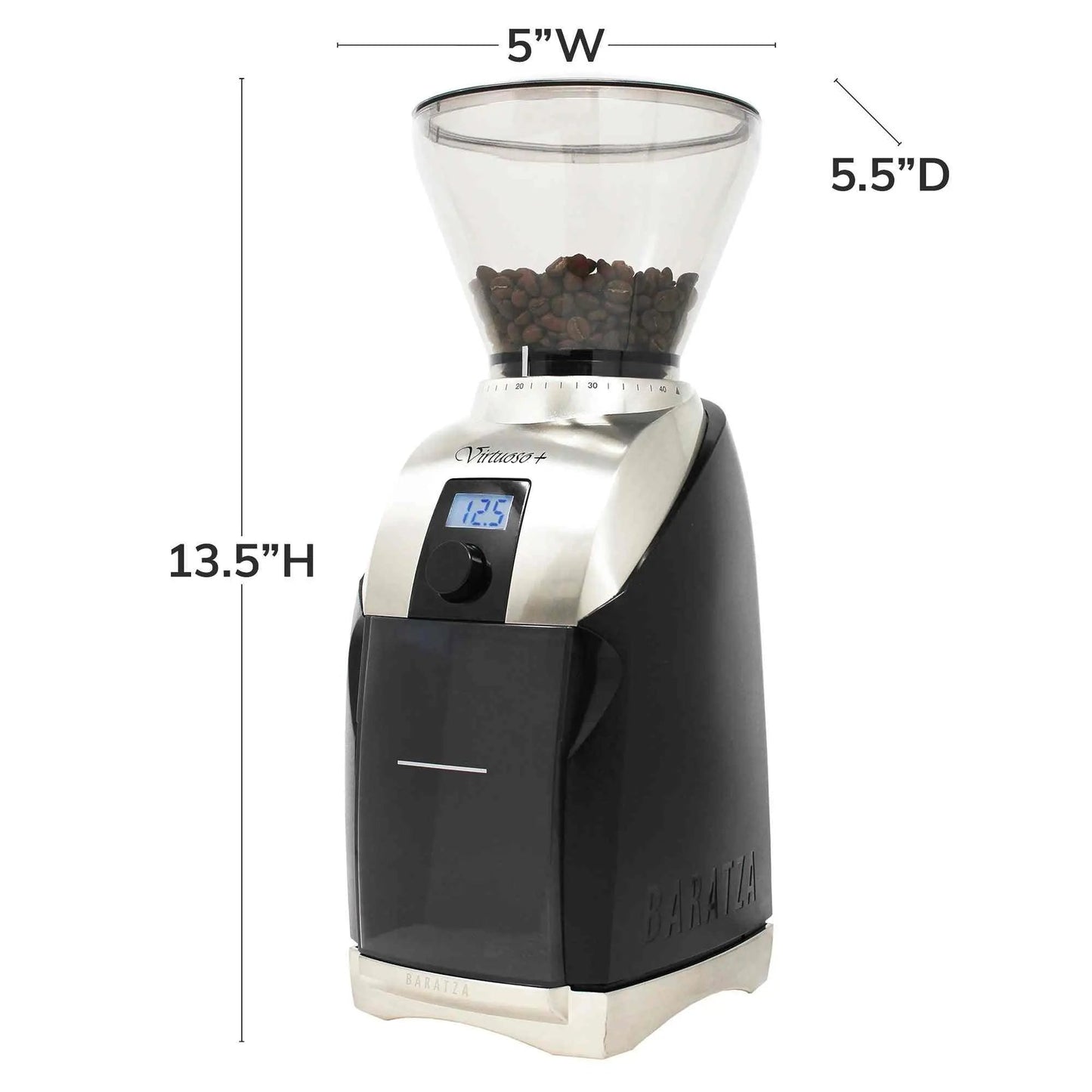 Baratza Virtuoso+ conical burr coffee grinder with digital timer and 40 grind settings for precise brewing