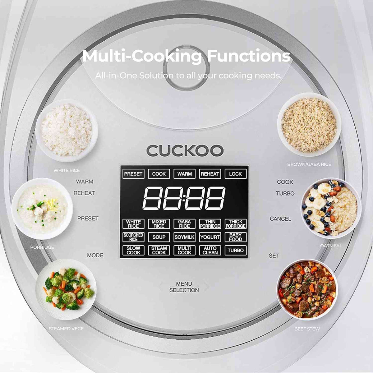 Cuckoo CR-1020FW 10-cup rice cooker with 16 menu options and LED touch panel