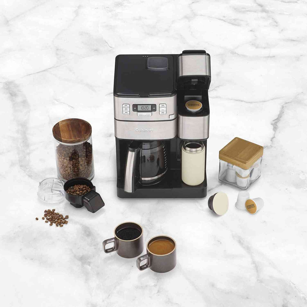 Cuisinart SS-GB1 Coffee Center with built-in grinder, single-serve and carafe brewing functions, stainless steel design, and 42oz water reservoir
