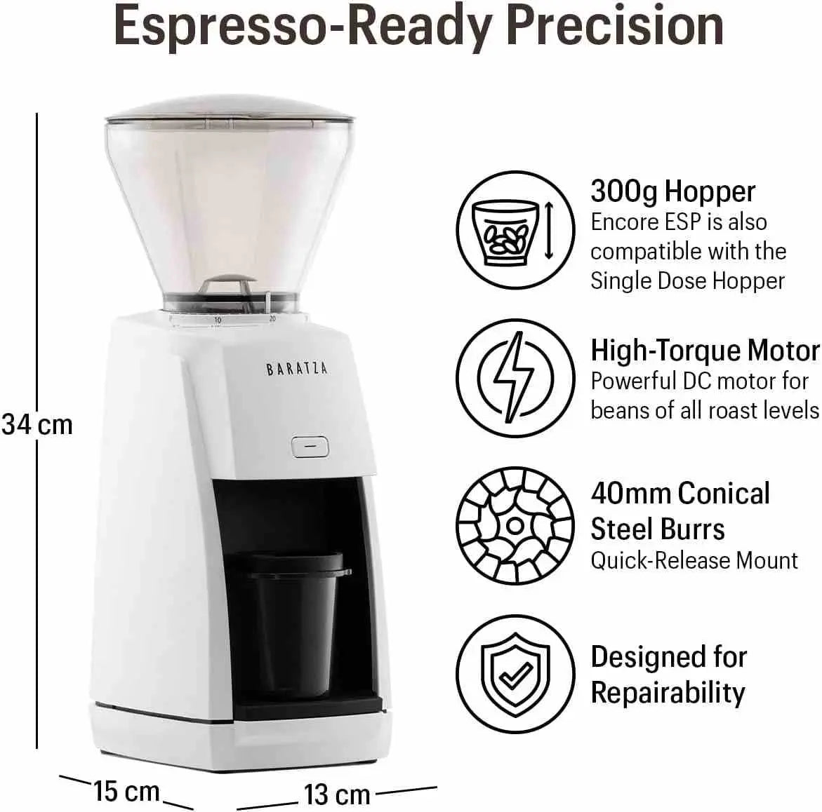 Baratza Encore ESP electric burr coffee grinder with 40 grind settings and portafilter dosing cup
