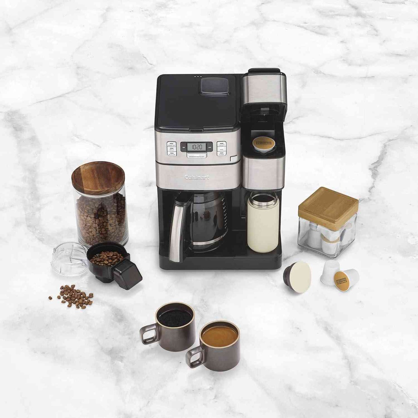 Cuisinart SS-GB1 Coffee Center with built-in grinder, single-serve and carafe brewing functions, stainless steel design, and 42oz water reservoir