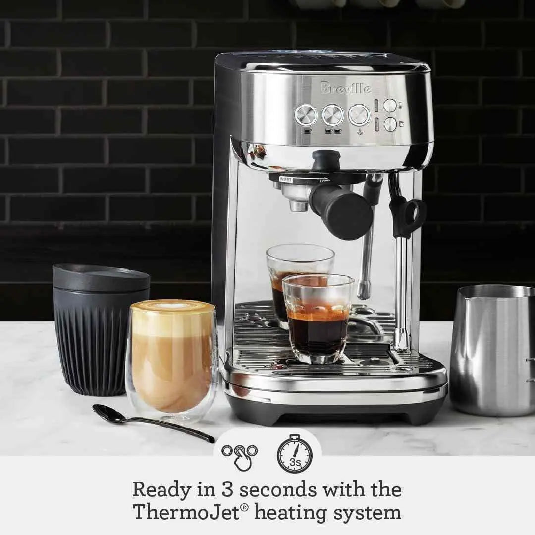 Breville Bambino Plus espresso machine in brushed stainless steel with automatic microfoam and programmable shot control