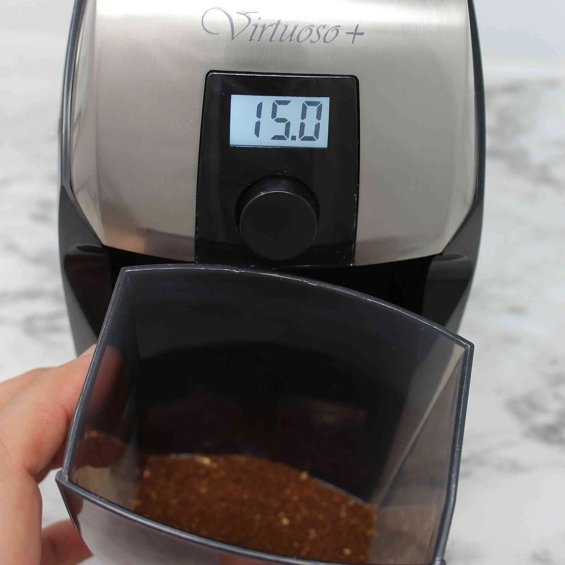 Baratza Virtuoso+ conical burr coffee grinder with digital timer and 40 grind settings